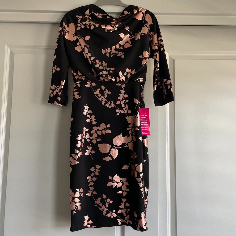 NWT BADGLEY MISCHKA Long Sleeve Midi Cocktail Dress Bateau Black Copper